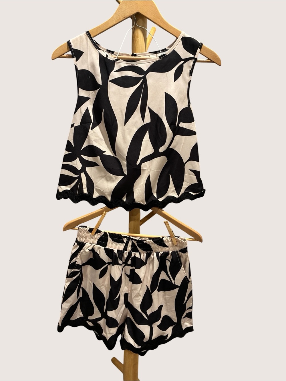 Black & Cream Leaf Print Tank + Shorts Set